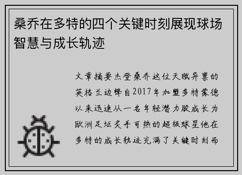 桑乔在多特的四个关键时刻展现球场智慧与成长轨迹